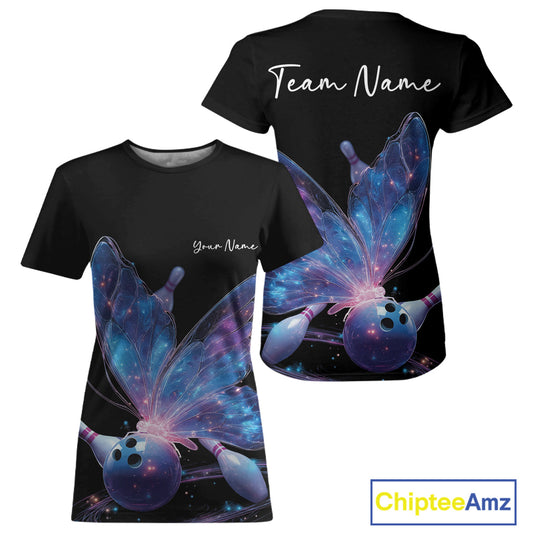 Custom Blue Galaxy Butterfly Bowling Women T-Shirts, Ladies Bowling Team Outfit IPHW10241
