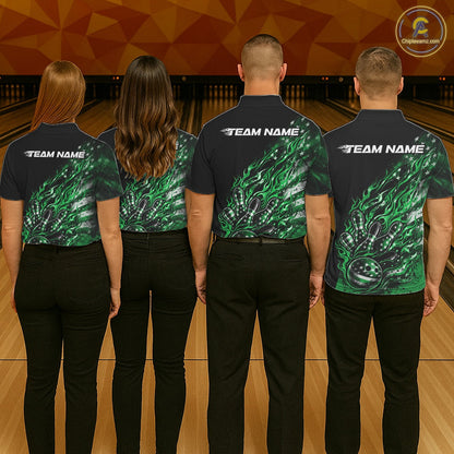 Custom Patriotic Green Flame Bowling Shirts, US Flag Bowling Team Jerseys Freedom 4Th Of July Bowling Shirt IPHW10435