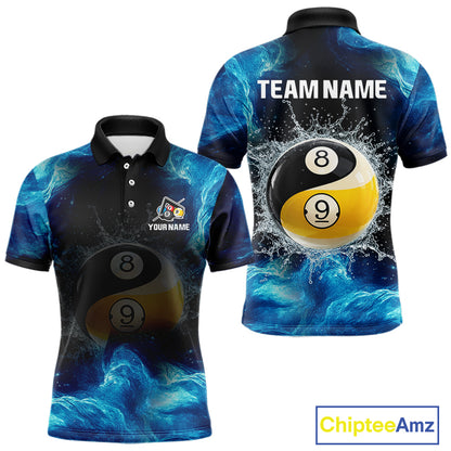 Two polo shirts with billiard ball design and customizable text on a white background