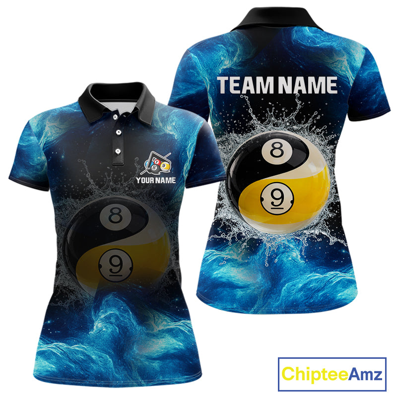 Two polo shirts with pool ball design and water splash, one with 'Team Name' text.