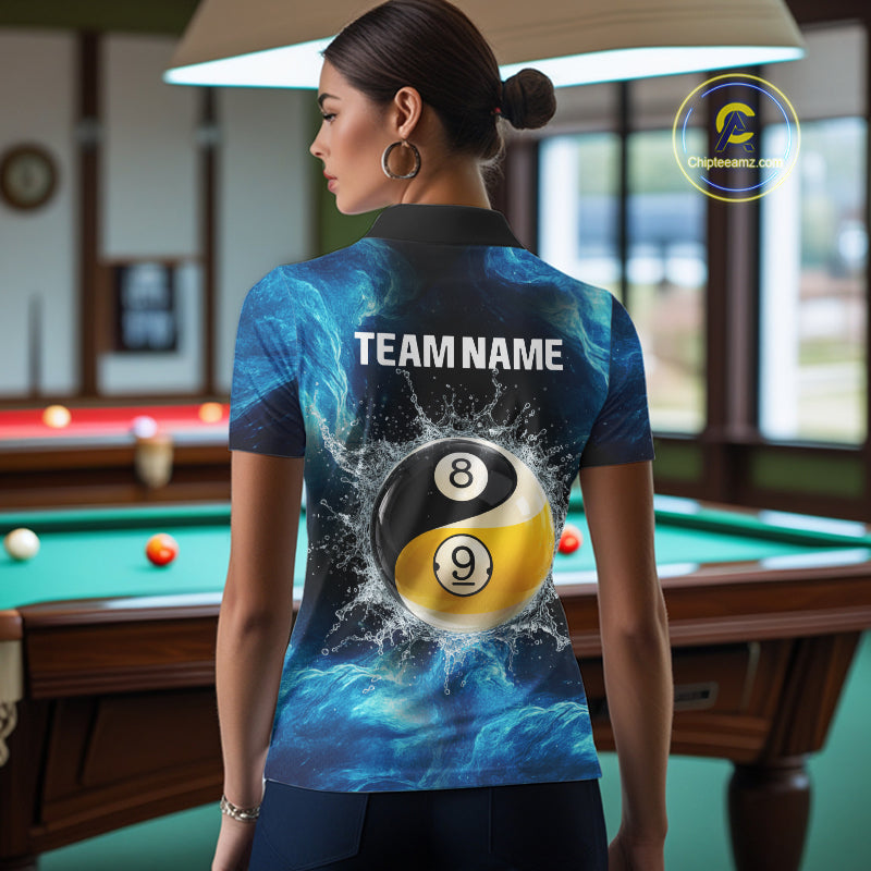 Person wearing a shirt with a pool ball design and 'TEAM NAME' text in a room with a pool table.