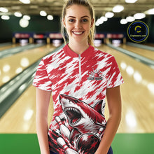 Load image into Gallery viewer, Person wearing a red and white bowling shirt with a shark design in a bowling alley.