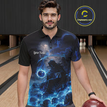 Load image into Gallery viewer, Custom Electric Blue Fire Grim Reaper Bowling Polo Shirts For Men, Halloween Bowling Shirt IPHW9464
