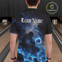 Load image into Gallery viewer, Custom Electric Blue Fire Grim Reaper Bowling Polo Shirts For Men, Halloween Bowling Shirt IPHW9464