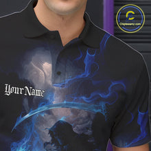 Load image into Gallery viewer, Custom Electric Blue Fire Grim Reaper Bowling Polo Shirts For Men, Halloween Bowling Shirt IPHW9464