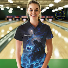 Load image into Gallery viewer, Custom Electric Blue Fire Grim Reaper Bowling Women Polo Shirts, Halloween Bowling Shirt IPHW9464