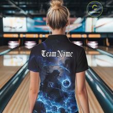 Load image into Gallery viewer, Custom Electric Blue Fire Grim Reaper Bowling Women Polo Shirts, Halloween Bowling Shirt IPHW9464