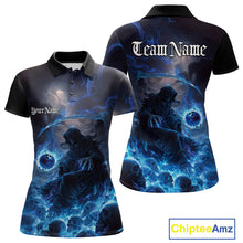 Load image into Gallery viewer, Custom Electric Blue Fire Grim Reaper Bowling Women Polo Shirts, Halloween Bowling Shirt IPHW9464