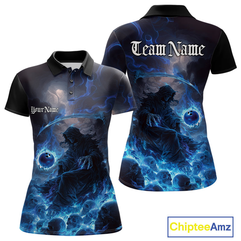 Custom Electric Blue Fire Grim Reaper Bowling Women Polo Shirts, Halloween Bowling Shirt IPHW9464