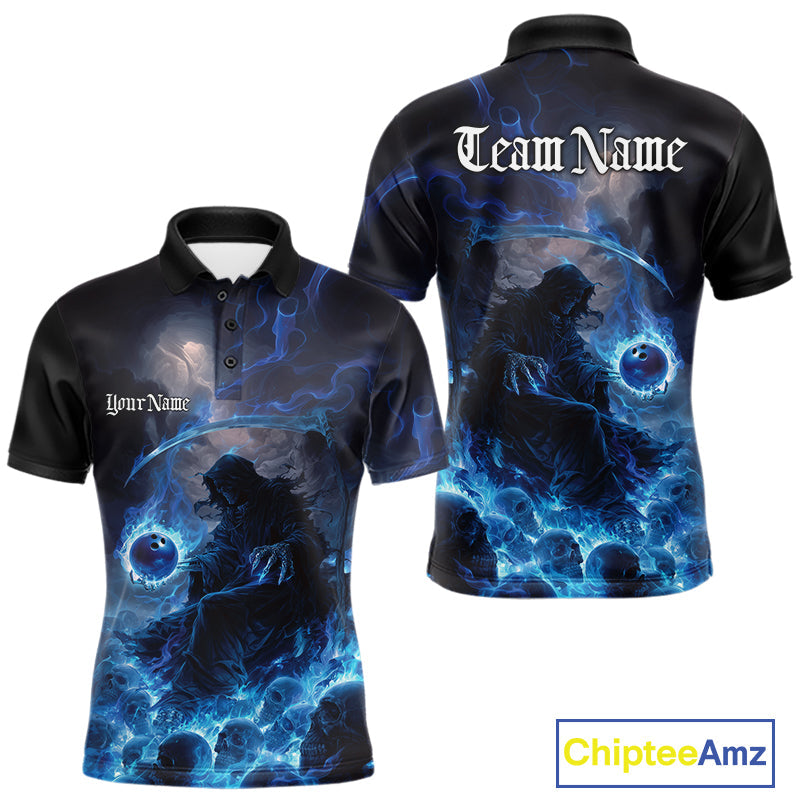 Custom Electric Blue Fire Grim Reaper Bowling Polo Shirts For Men, Halloween Bowling Shirt IPHW9464