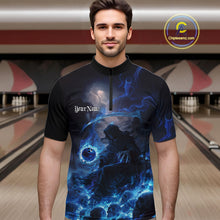 Load image into Gallery viewer, Custom Electric Blue Fire Grim Reaper Bowling Quarter-Zip Shirts For Men, Halloween Bowling Shirt IPHW9464