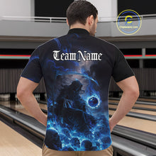 Load image into Gallery viewer, Custom Electric Blue Fire Grim Reaper Bowling Quarter-Zip Shirts For Men, Halloween Bowling Shirt IPHW9464