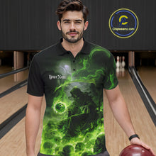 Load image into Gallery viewer, Custom Electric Green Fire Grim Reaper Bowling Polo Shirts For Men, Halloween Bowling Shirt IPHW9465
