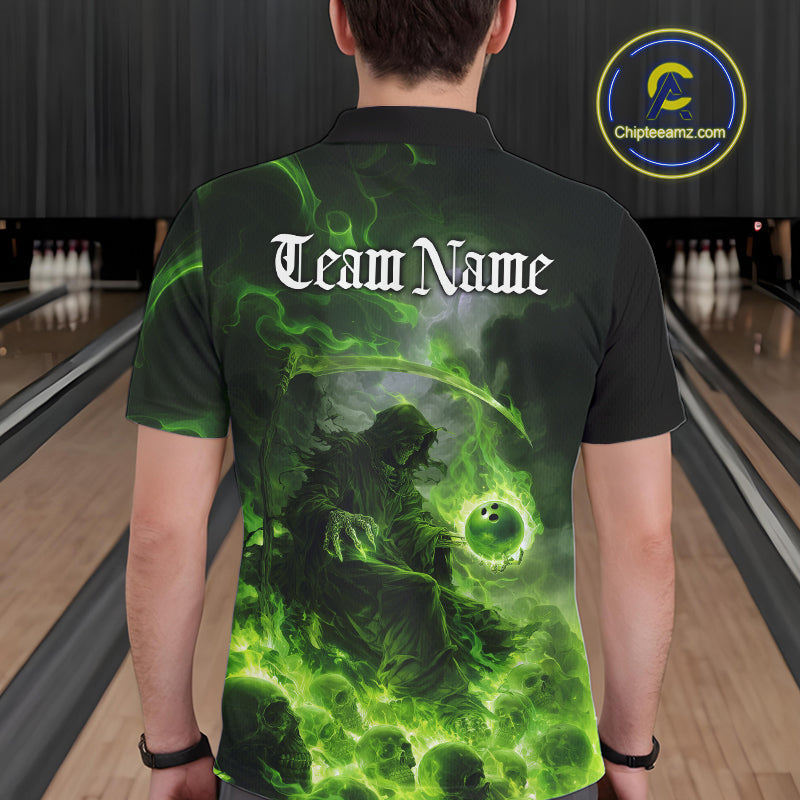 Custom Electric Green Fire Grim Reaper Bowling Polo Shirts For Men, Halloween Bowling Shirt IPHW9465