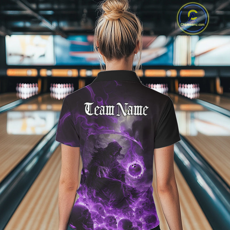 Custom Purple Fire Grim Reaper Bowling Polo Shirts For Women, Halloween Bowling Shirt IPHW9466