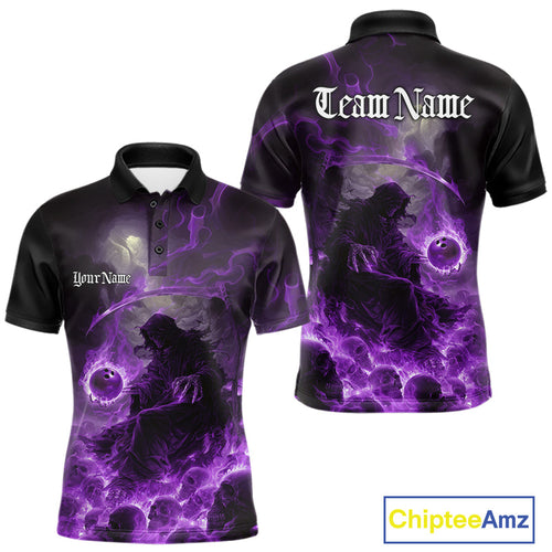 Custom Purple Fire Grim Reaper Bowling Polo Shirts For Men, Halloween Bowling Shirt IPHW9466