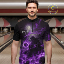 Load image into Gallery viewer, Custom Purple Fire Grim Reaper Bowling Quarter-Zip Shirts For Men, Halloween Bowling Shirt IPHW9466
