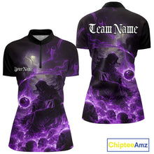 Load image into Gallery viewer, Custom Purple Fire Grim Reaper Bowling Women Quarter-Zip Shirts, Halloween Bowling Shirt IPHW9466