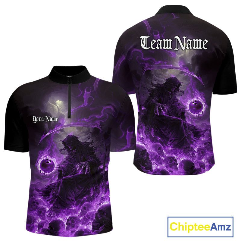 Custom Purple Fire Grim Reaper Bowling Quarter-Zip Shirts For Men, Halloween Bowling Shirt IPHW9466