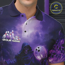 Load image into Gallery viewer, Custom Blue And Purple Flame Bowling Skull Polo Shirts For Men, Halloween Bowling Outfits IPHW9467