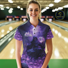 Load image into Gallery viewer, Custom Blue And Purple Flame Bowling Skull Women Polo Shirts, Halloween Bowling Outfits IPHW9467