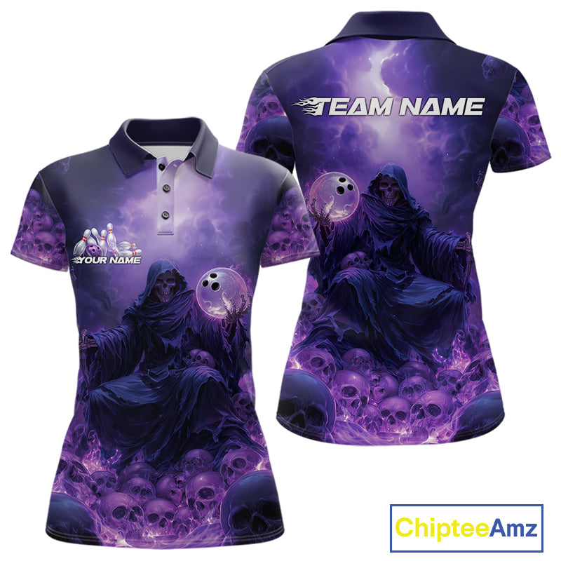 Custom Blue And Purple Flame Bowling Skull Women Polo Shirts, Halloween Bowling Outfits IPHW9467