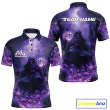Load image into Gallery viewer, Custom Blue And Purple Flame Bowling Skull Polo Shirts For Men, Halloween Bowling Outfits IPHW9467