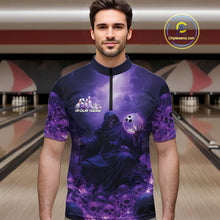Load image into Gallery viewer, Custom Blue And Purple Flame Bowling Skull Quarter-Zip Shirts For Men, Halloween Bowling Outfits IPHW9467