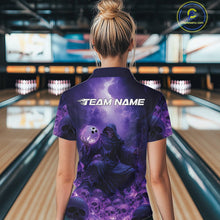 Load image into Gallery viewer, Custom Blue And Purple Flame Bowling Skull Women Quarter-Zip Shirt, Halloween Bowling IPHW9467