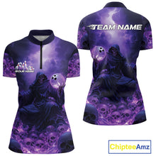 Load image into Gallery viewer, Custom Blue And Purple Flame Bowling Skull Women Quarter-Zip Shirt, Halloween Bowling IPHW9467