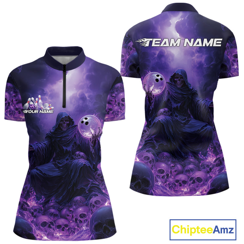 Custom Blue And Purple Flame Bowling Skull Women Quarter-Zip Shirt, Halloween Bowling IPHW9467