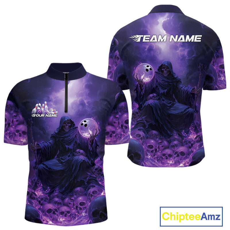 Custom Blue And Purple Flame Bowling Skull Quarter-Zip Shirts For Men, Halloween Bowling Outfits IPHW9467