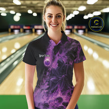 Load image into Gallery viewer, Custom Purple Flame Skull Bowling Polo Shirts, Purple Smoke Bowling Hallween Outfit IPHW9470