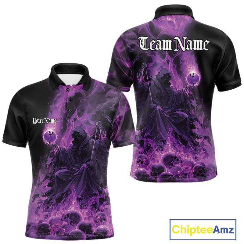 Custom Purple Flame Skull Bowling Polo Shirts, Purple Smoke Bowling Hallween Outfit IPHW9470