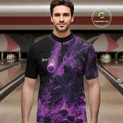 Custom Purple Flame Skull Bowling Quarter-Zip Shirts, Purple Smoke Bowling Hallween Outfit IPHW9470