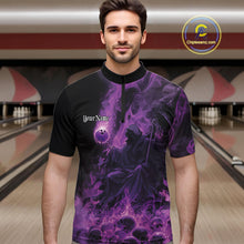 Load image into Gallery viewer, Custom Purple Flame Skull Bowling Quarter-Zip Shirts, Purple Smoke Bowling Hallween Outfit IPHW9470