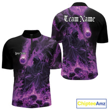 Load image into Gallery viewer, Custom Purple Flame Skull Bowling Quarter-Zip Shirts, Purple Smoke Bowling Hallween Outfit IPHW9470