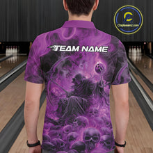 Load image into Gallery viewer, Custom Purple Flame Skull Bowling Polo Shirts, Purple Smoke Bowling Hallween Outfit IPHW9471