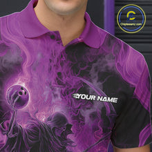 Load image into Gallery viewer, Custom Purple Flame Skull Bowling Polo Shirts, Purple Smoke Bowling Hallween Outfit IPHW9471