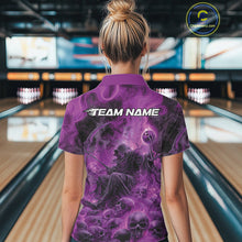 Load image into Gallery viewer, Custom Purple Flame Skull Bowling Polo Shirts, Purple Smoke Bowling Hallween Outfit IPHW9471