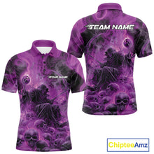 Load image into Gallery viewer, Custom Purple Flame Skull Bowling Polo Shirts, Purple Smoke Bowling Hallween Outfit IPHW9471
