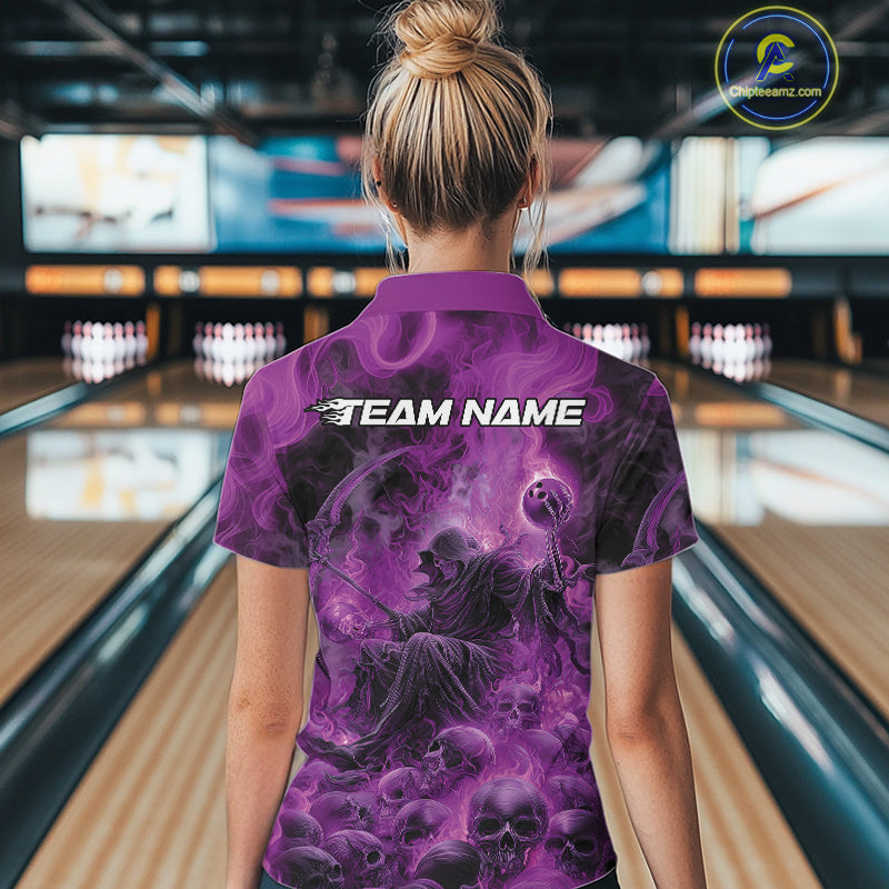 Custom Purple Flame Skull Bowling Quarter-Zip Shirt, Purple Smoke Bowling Hallween Outfit IPHW9471