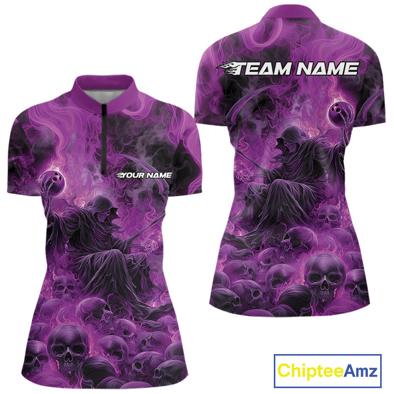 Custom Purple Flame Skull Bowling Quarter-Zip Shirt, Purple Smoke Bowling Hallween Outfit IPHW9471