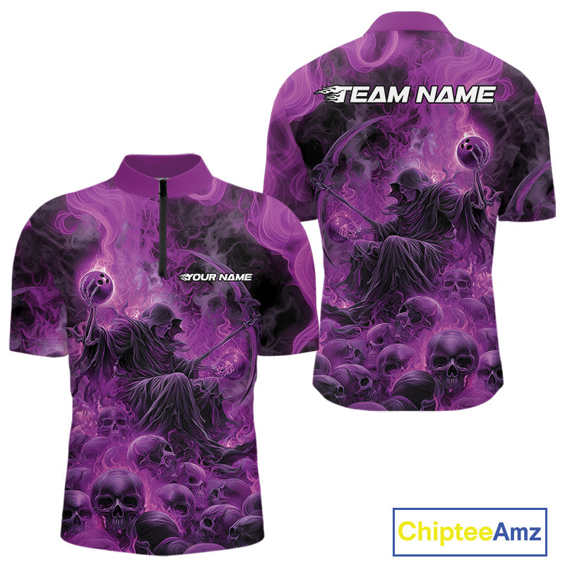 Custom Purple Flame Skull Bowling Quarter-Zip Shirts, Purple Smoke Bowling Hallween Outfit IPHW9471