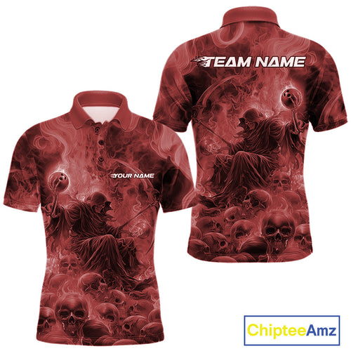 Custom Red Flame Skull Bowling Polo Shirts, Red Smoke Bowling Hallween Outfit IPHW9472