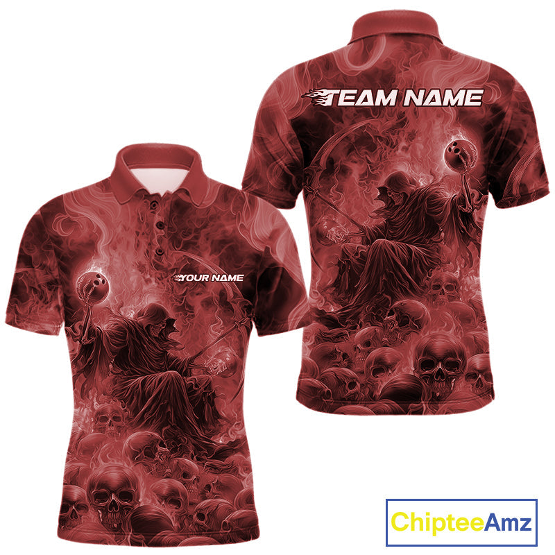 Custom Red Flame Skull Bowling Polo Shirts, Red Smoke Bowling Hallween Outfit IPHW9472