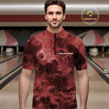 Load image into Gallery viewer, Custom Red Flame Skull Bowling Quarter-Zip Shirts, Red Smoke Bowling Hallween Outfit IPHW9472