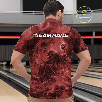 Custom Red Flame Skull Bowling Quarter-Zip Shirts, Red Smoke Bowling Hallween Outfit IPHW9472