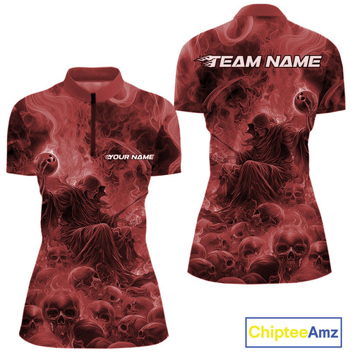 Custom Red Flame Skull Bowling Quarter-Zip Shirts, Red Smoke Bowling Hallween Outfit IPHW9472