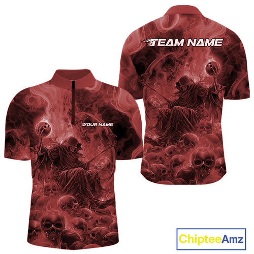 Custom Red Flame Skull Bowling Quarter-Zip Shirts, Red Smoke Bowling Hallween Outfit IPHW9472